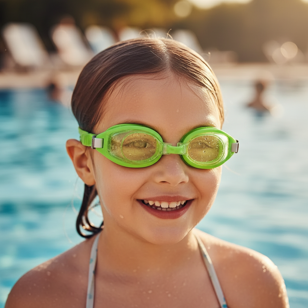 Child wearing Kids Swimming Goggles at a swimming pool, candid lifestyle shot with bokeh background