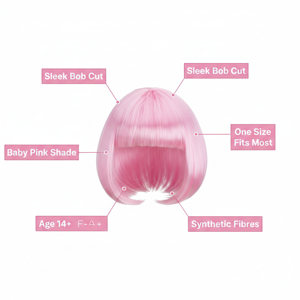 Baby pink bob wig feature callout infographic — one size fits most synthetic