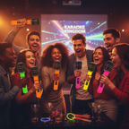 Friends laughing and singing at a karaoke party holding neon inflatable microphones — golden hour warm cinematic lighting
