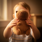 Child's hands cradling a Cuddly Capybara plush toy in warm golden hour light, cosy emotional scene