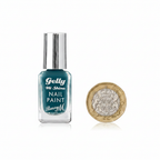 Barry M Gelly Hi Shine Nail Paint Ocean Blue 10ml bottle beside a £1 coin showing product size