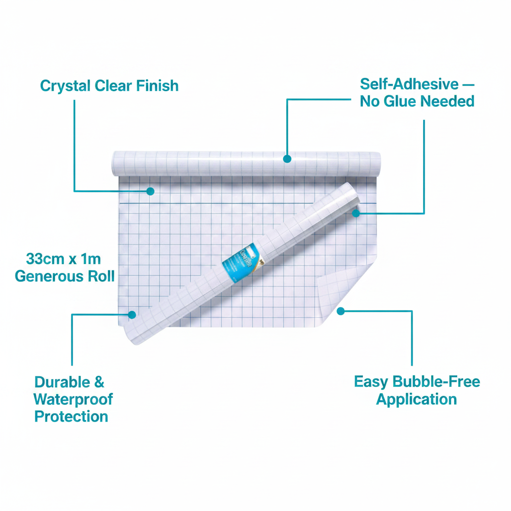Tiger book cover film infographic showing crystal clear finish, self-adhesive, 33cm x 1m roll, durable waterproof protection and bubble-free application callouts