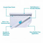 Tiger book cover film infographic showing crystal clear finish, self-adhesive, 33cm x 1m roll, durable waterproof protection and bubble-free application callouts
