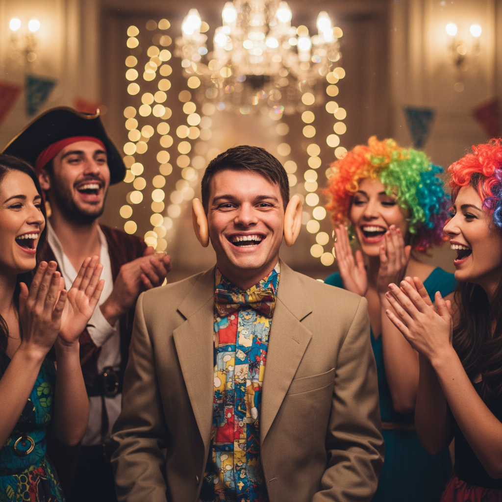 Person wearing funny oversized big ears novelty headband at a fancy dress party with friends laughing