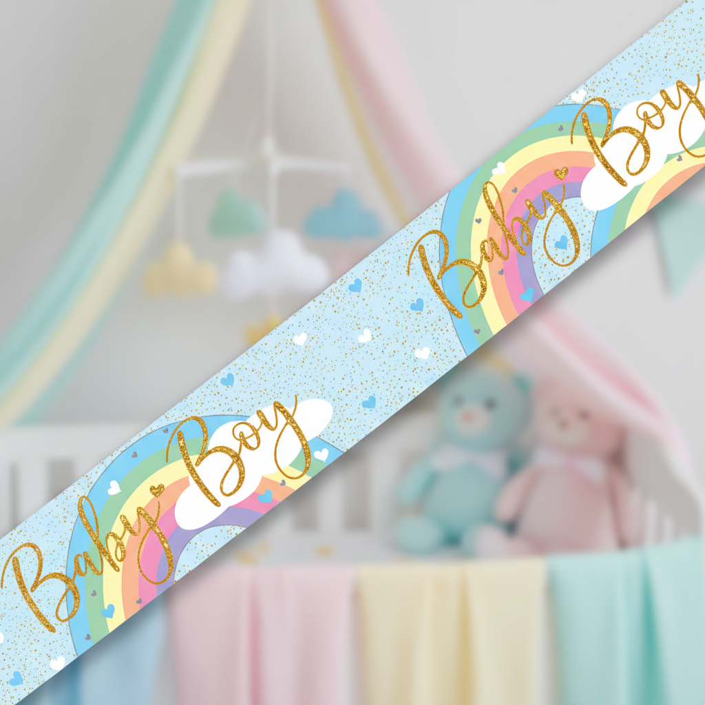 9ft Pastel Rainbow Baby Boy holographic banner - sweet nursery and baby shower decoration