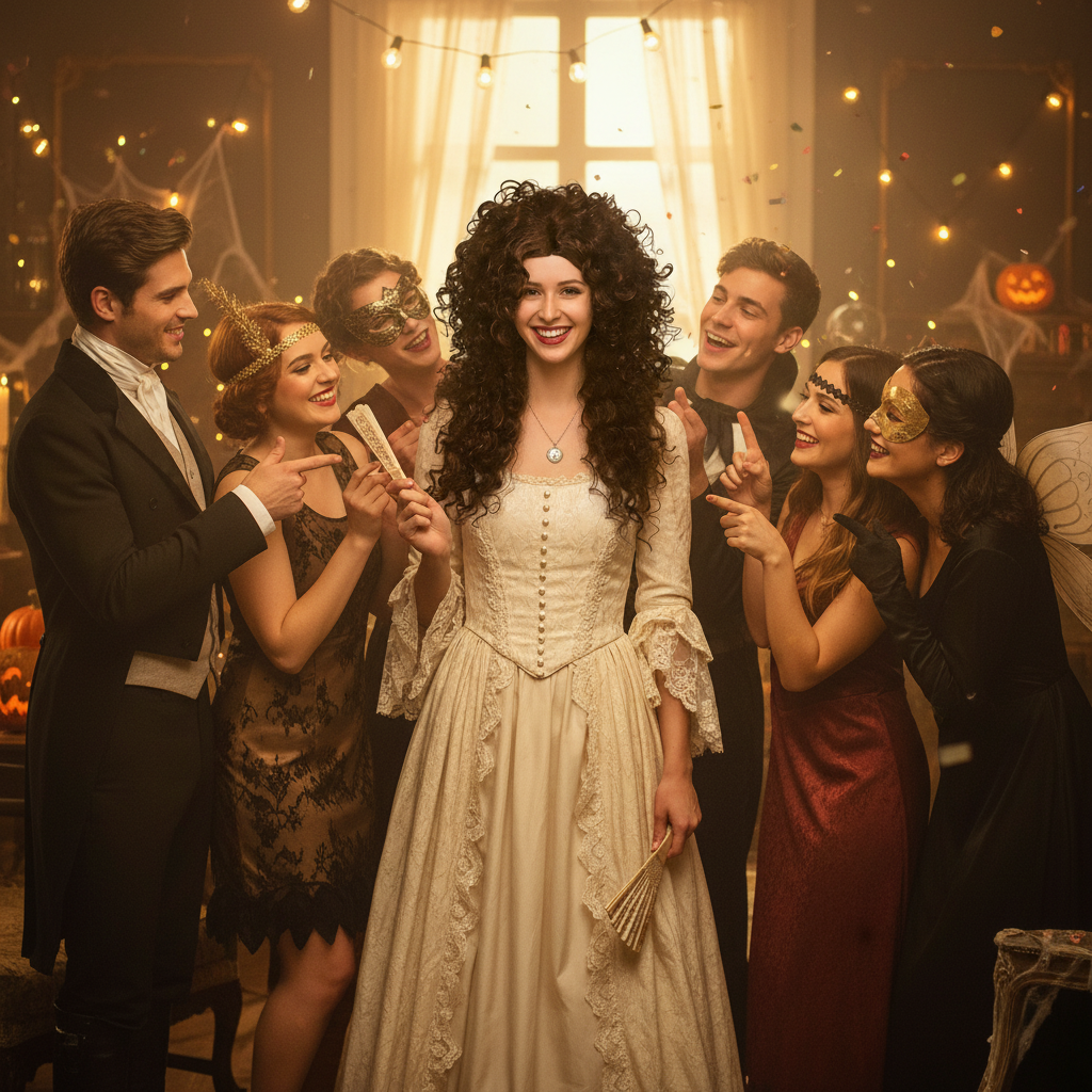 Woman transformed in long curly brown wig at Halloween party — confident and admired