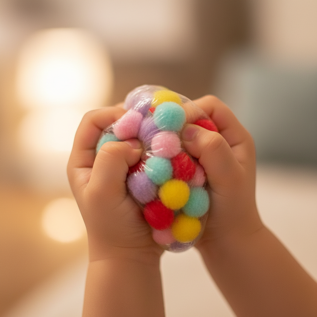 Candid shot of child's hands playing with a squishy pom pom ball, warm bokeh background, authentic joyful moment