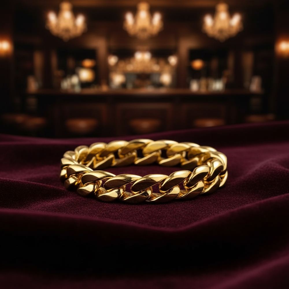 Gold Gangster Fancy Dress Bracelets 31cm on dark velvet with 1920s speakeasy background - Why Not Shop