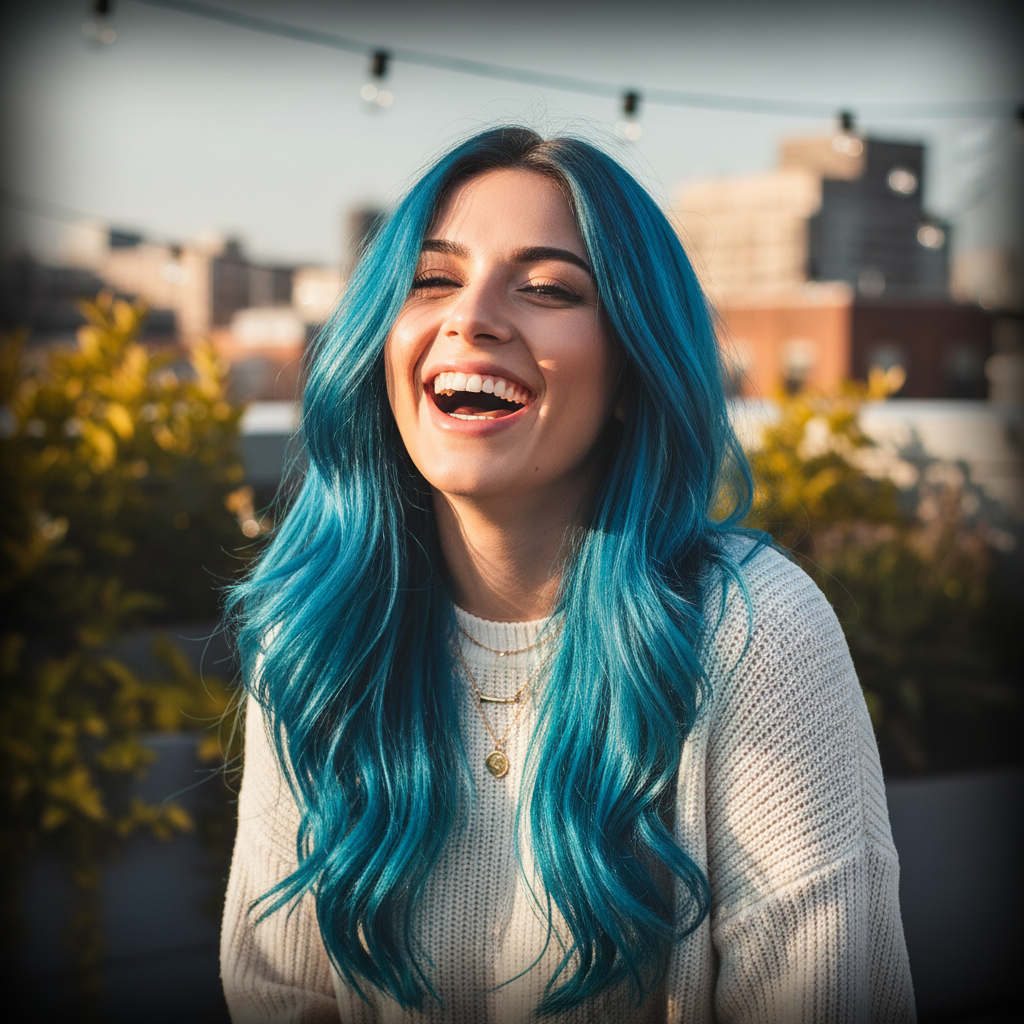 Woman with vibrant lagoon blue hair laughing in golden hour light, showing bold semi-permanent hair colour results