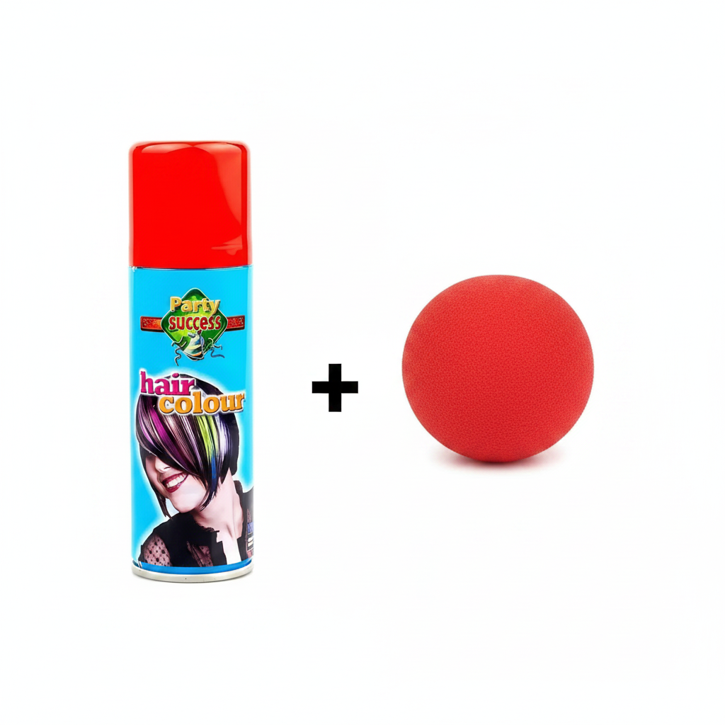 Red Hair Spray and Sponge Clown Nose hero shot on pure white background - Why Not Shop