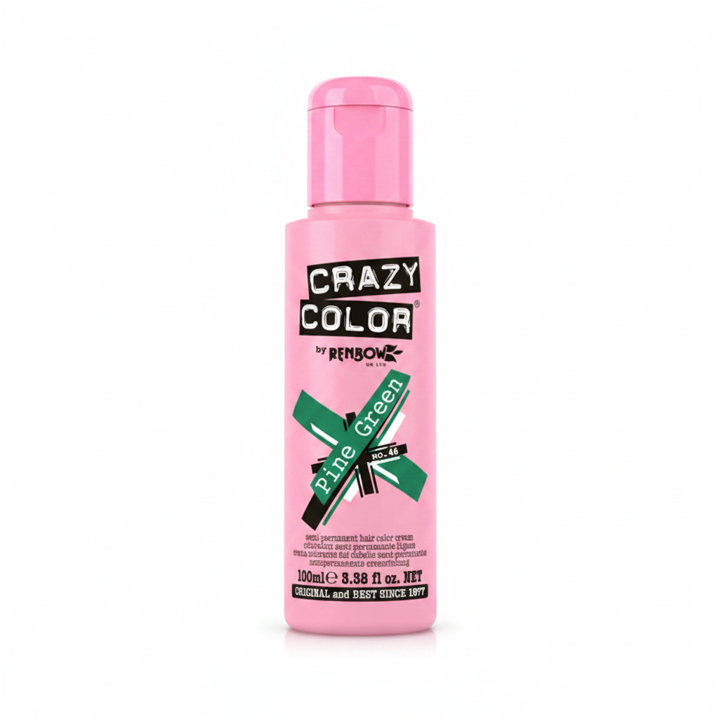Crazy Color Pine Green No.46 Semi-Permanent Hair Dye 100ml pink bottle on white studio background