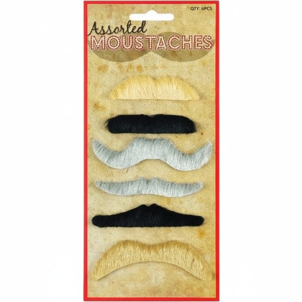 6 assorted fancy dress moustaches pack on white background – blonde, black and grey styles, Amazon and eBay compliant hero shot