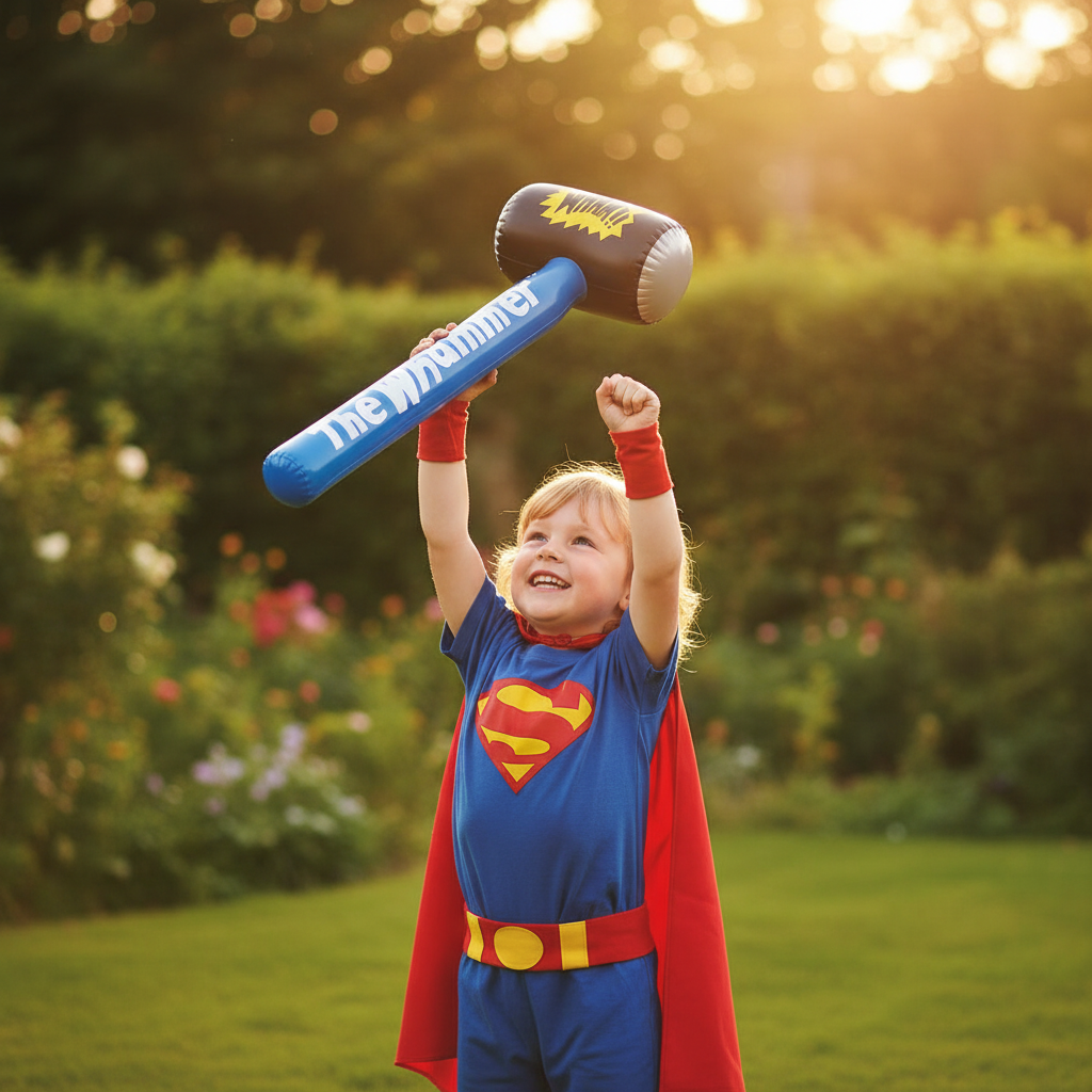 Child in superhero costume holding inflatable Whammer Hammer in garden