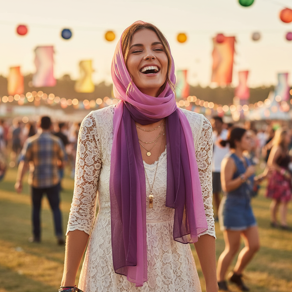 Fashionable woman wearing gradient purple chiffon neck scarf at summer festival golden hour