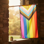 Intersex Progress Gay Pride Flag hanging from flagpole in natural daylight setting