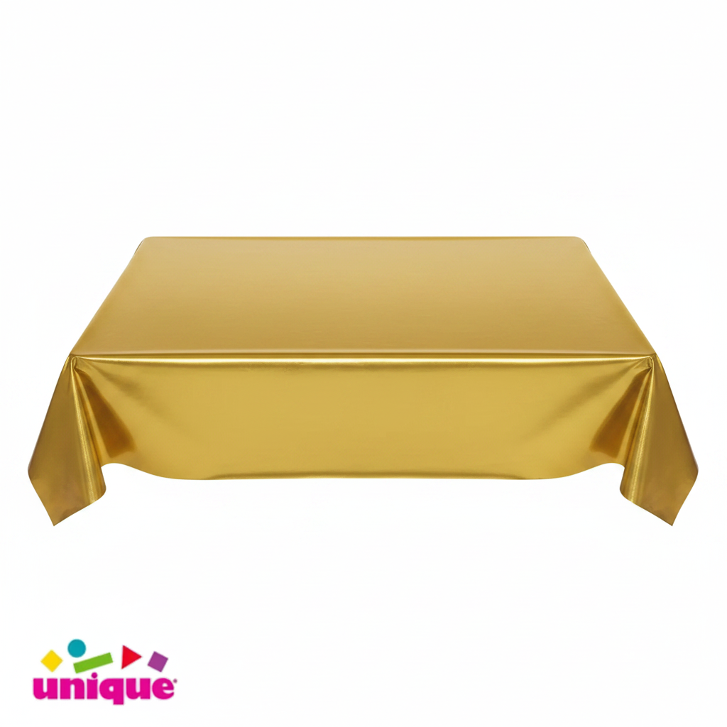 Gold metallic party table cover 54x108 inches on a crisp white background