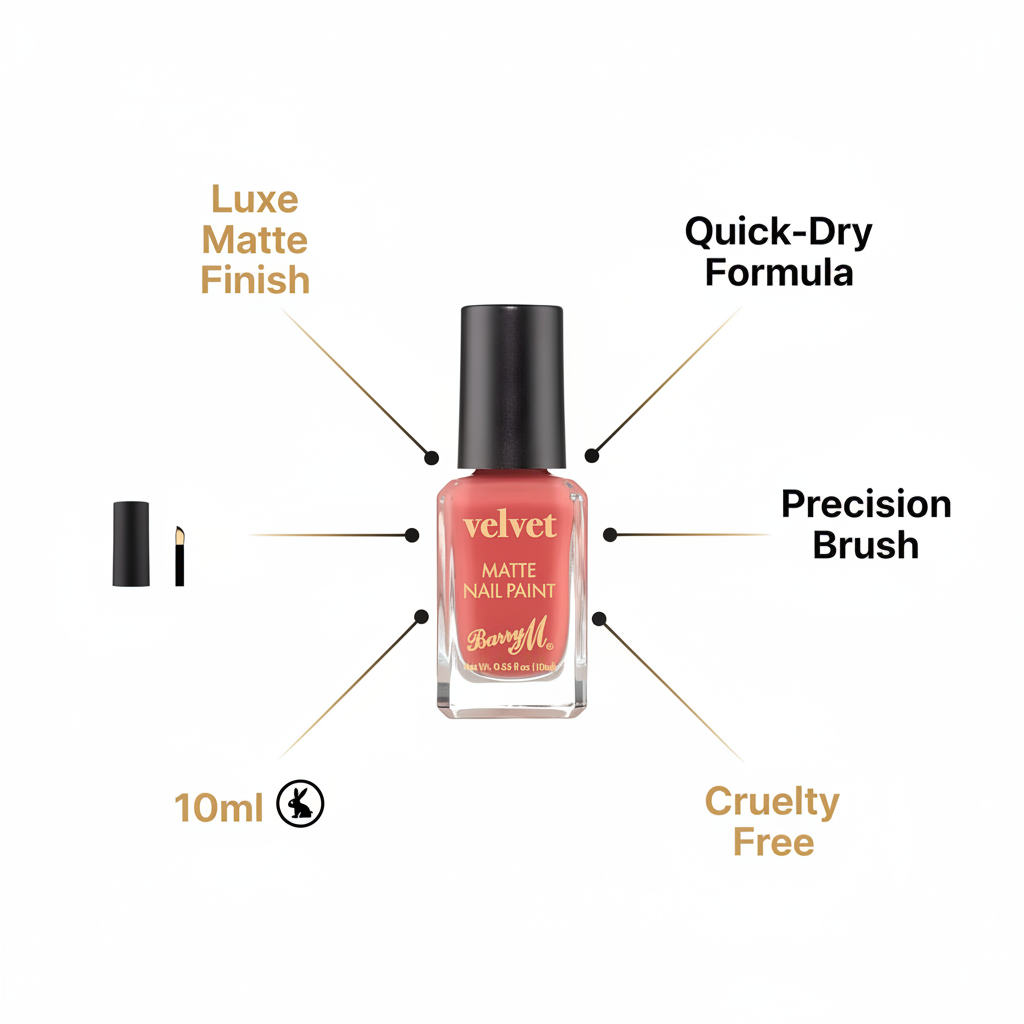 Barry M Velvet Matte Nail Paint Burning Sand 243 – feature infographic with callouts: Luxe Matte Finish, Quick-Dry Formula, Precision Brush, Cruelty Free, 10ml