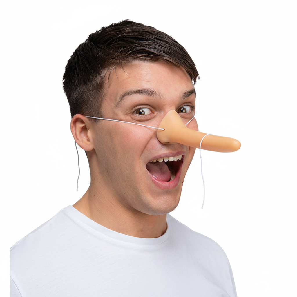 Long Nose Liar Pinocchio style fake nose mask on pure white background — studio hero shot, Amazon/eBay compliant