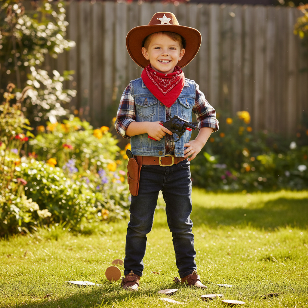 Boy dressed as cowboy sheriff holding 8-Shot Toy Cap Gun Play Set in sunny garden