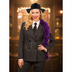 Complete 1920s gangster fancy dress costume with classic black fedora hat as finishing touch
