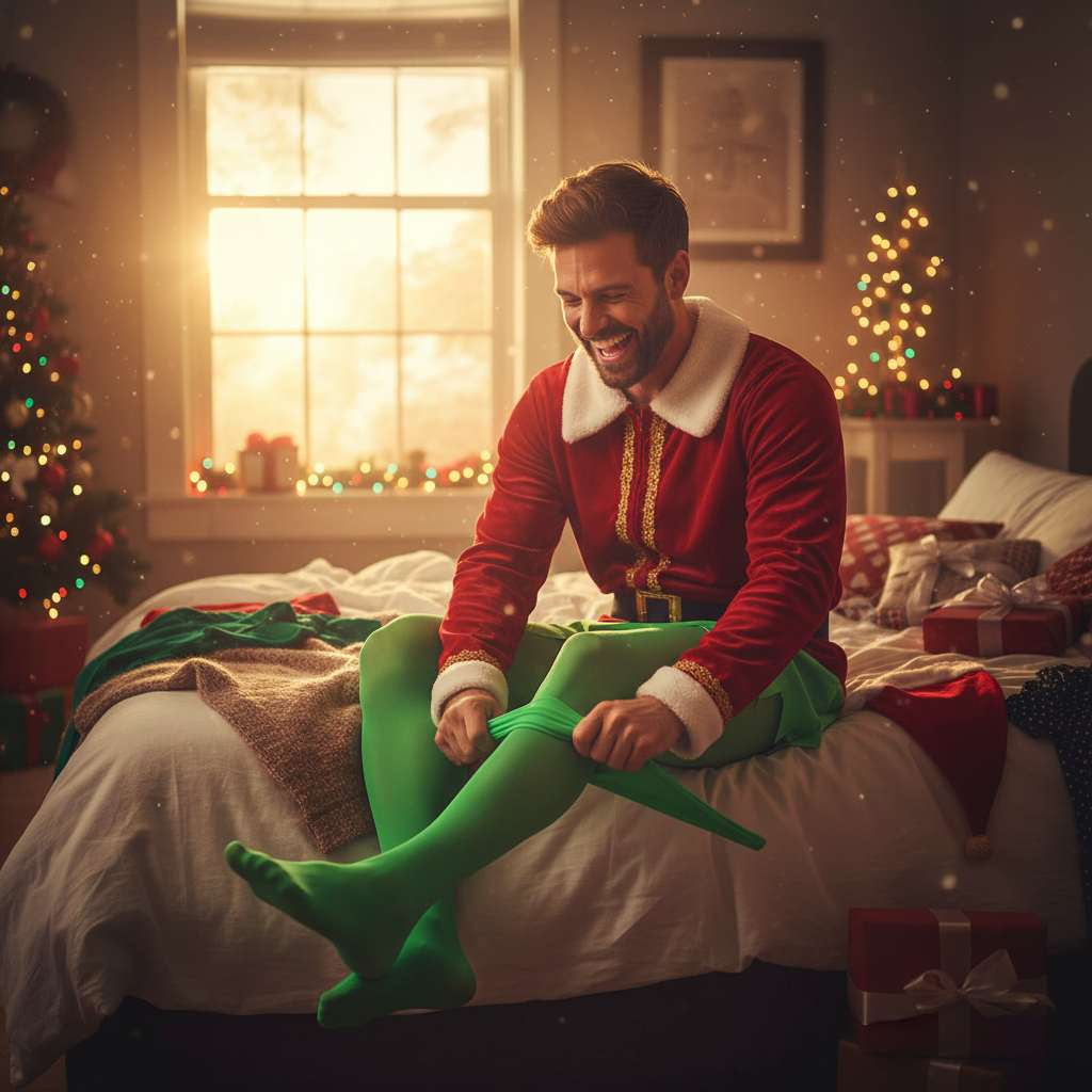 Man laughing while putting on bright green elf tights getting ready for a Christmas party — aspirational lifestyle shot