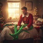 Man laughing while putting on bright green elf tights getting ready for a Christmas party — aspirational lifestyle shot