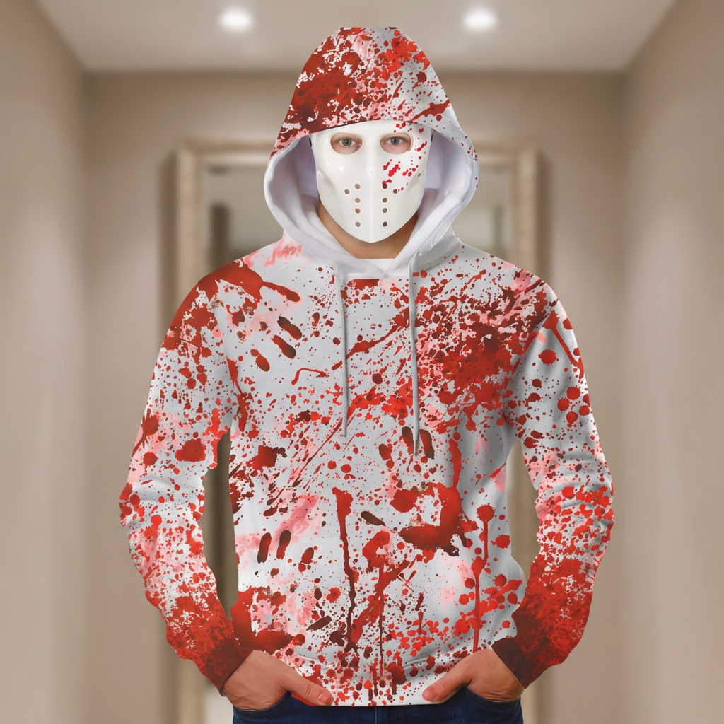 Adult modelling the white and red-splattered hoodie with matching mask in a neutral dressing room.