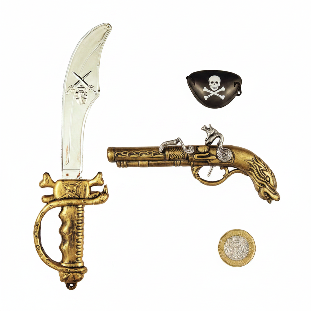 Flat lay of all 3 pirate fancy dress set items with £1 coin for scale on white background