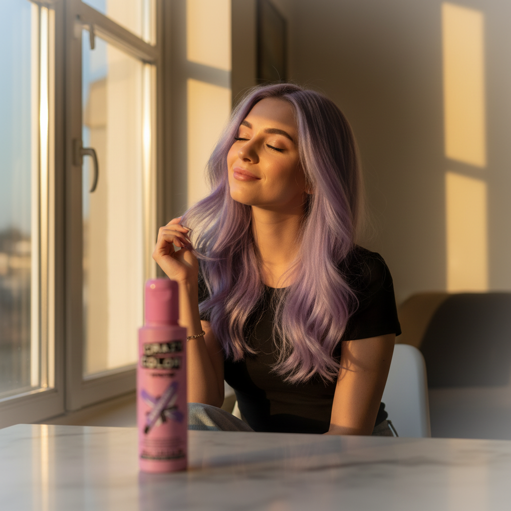 Young woman with vibrant lavender hair sitting by a sunlit window, Crazy Color Lavender hair dye bottle on vanity in foreground, golden hour light
