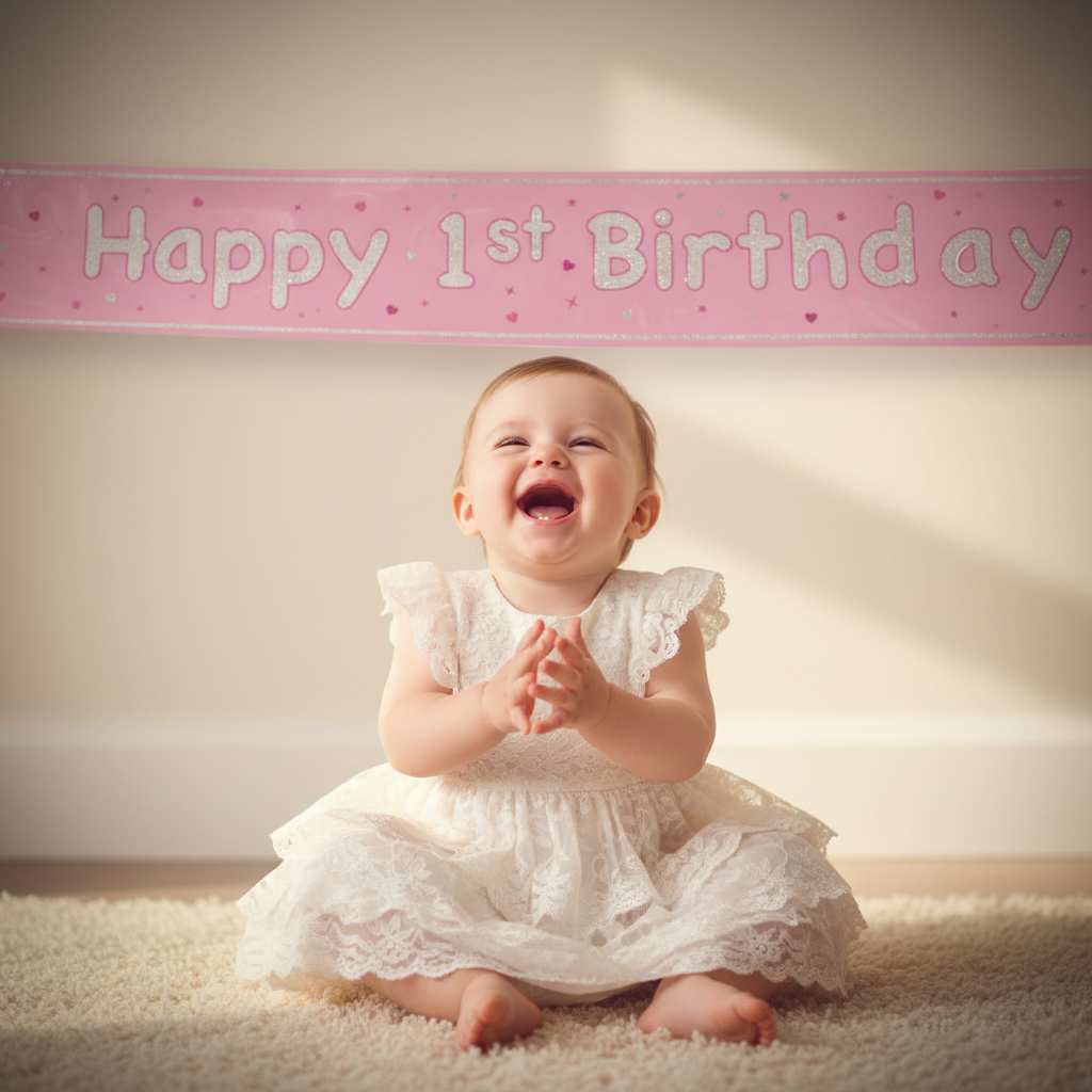 Baby girl laughing with joy in front of Pink Glitz Happy 1st Birthday banner