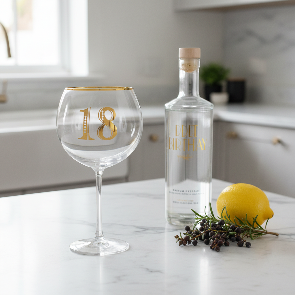 Art Deco 18th Birthday Gin Glass on marble countertop with premium gin bottle and botanicals in natural window light