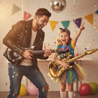 Child and parent at a rock n roll birthday party holding black and gold metallic inflatable guitars laughing together
