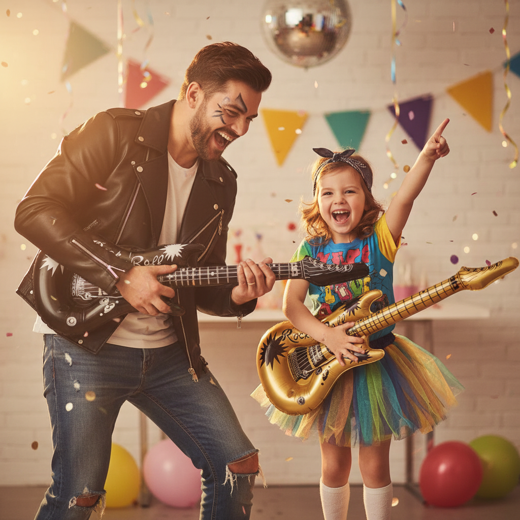 Child and parent at a rock n roll birthday party holding black and gold metallic inflatable guitars laughing together