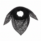 Women's black triangle lace scarf displayed on white background showing intricate lace pattern and delicate texture