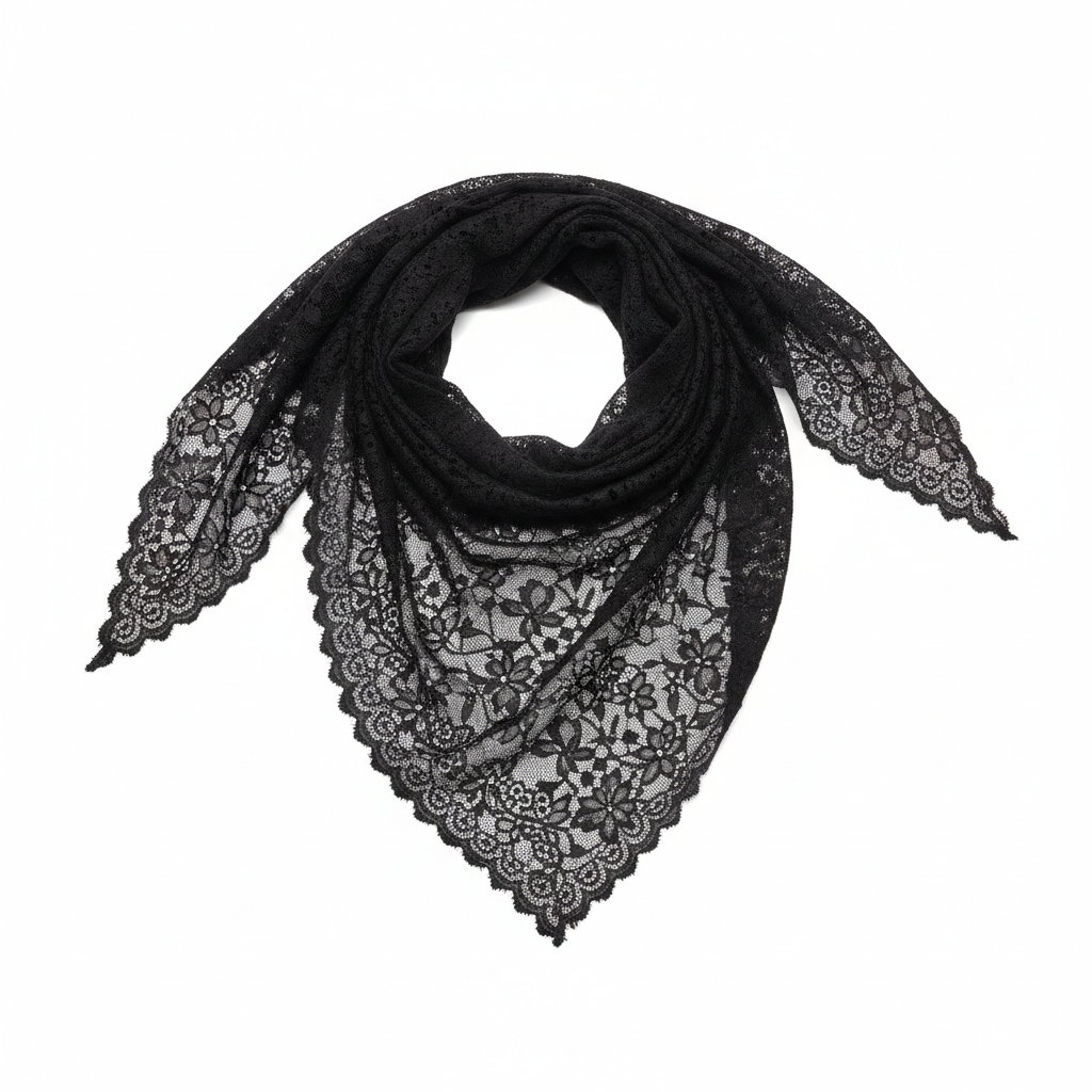 Women's black triangle lace scarf displayed on white background showing intricate lace pattern and delicate texture