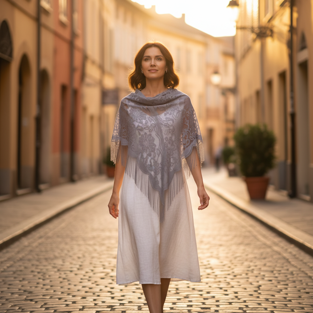 Woman wearing grey vintage floral fringe shawl walking on sunlit European cobblestone street