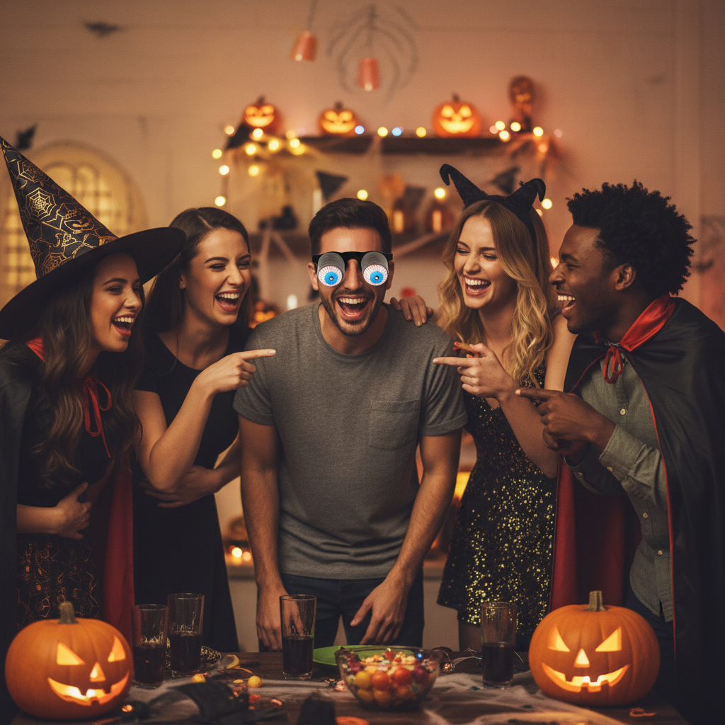 Group of friends at a Halloween party laughing at someone wearing joke pop-out eye glasses with black frames and bulging eyeballs — outcome lifestyle scene