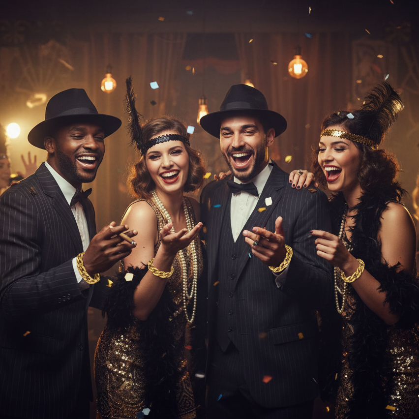 Group of friends in gangster fancy dress costumes wearing gold bracelets at Halloween party - Why Not Shop