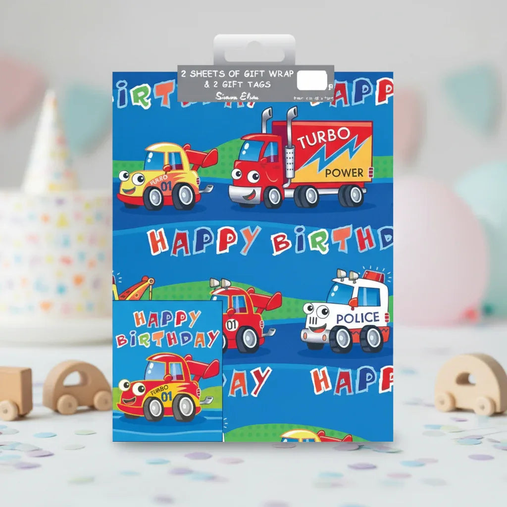 Folded Wrap & Tags Happy Birthday Vehicles - Why Not Shop