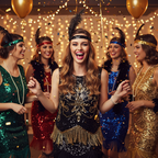 Group of women at a fancy dress party with central woman wearing black flapper feather headband