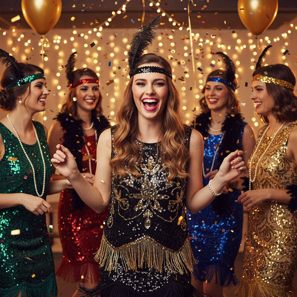 Group of women at a fancy dress party with central woman wearing black flapper feather headband