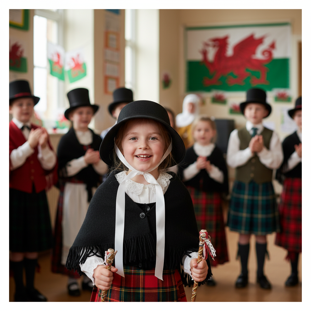 Children wearing Welsh cockle-shell bonnets at school eisteddfod performance