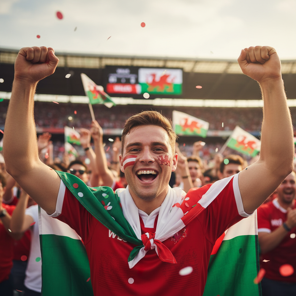 Person celebrating at Welsh sporting event wearing dragon tattoo on face