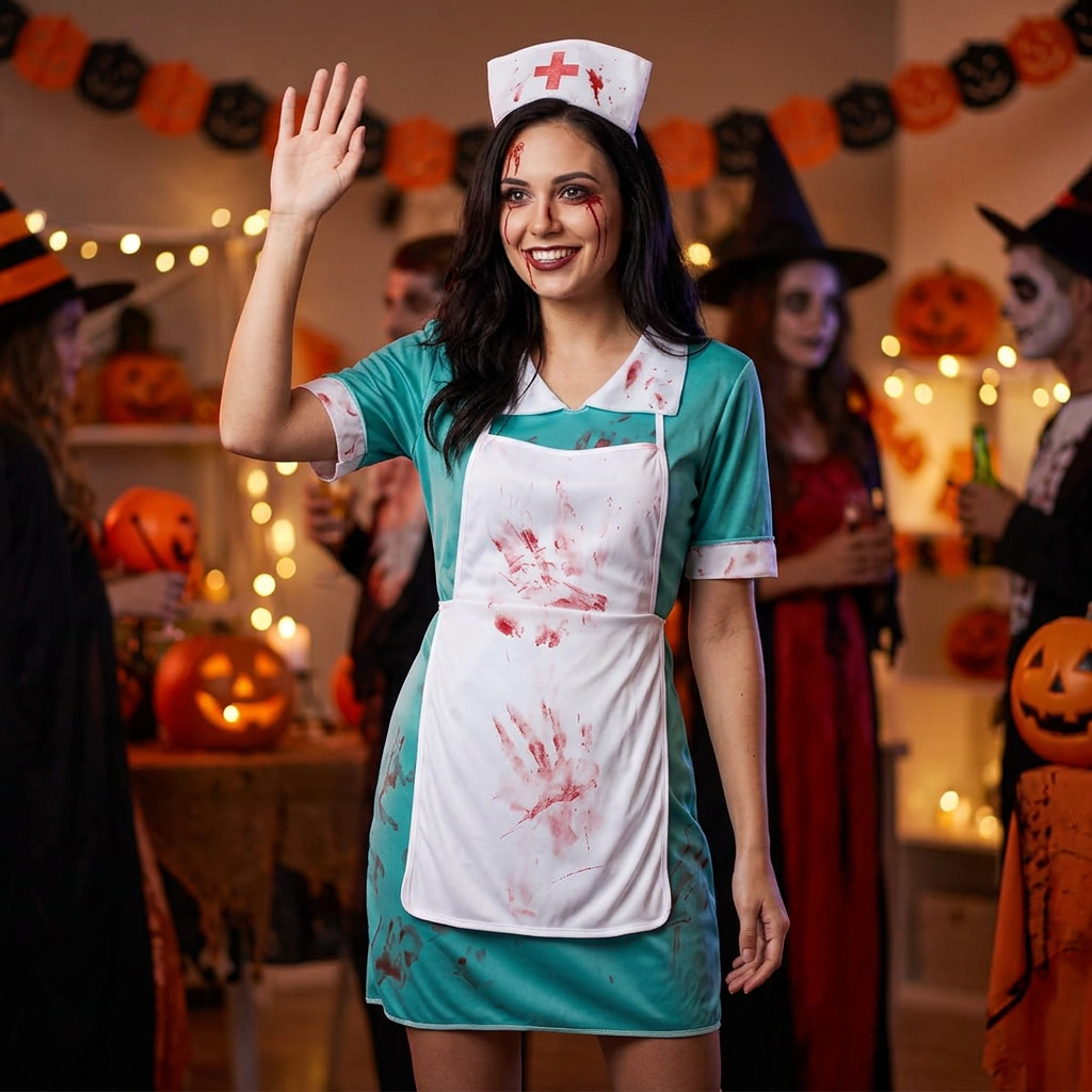 A woman wearing a Halloween nurse costume stands in a decorated party room, waving with one hand. The costume includes a teal short-sleeve dress, a white apron with red handprint stains, and a white nurse hat with a red cross.