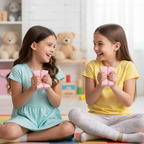 Two girls playing together with pink Squishy Strawberry Butter Sticks fidget toys on playroom floor