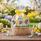Easter gift basket wrapped in clear cellophane with yellow ribbon on a spring garden table