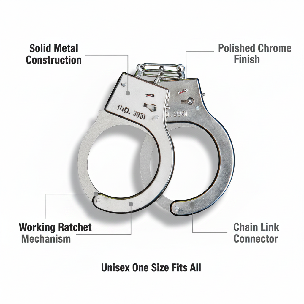 Chrome metal fancy dress handcuffs feature infographic with callout labels on white background