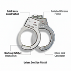 Chrome metal fancy dress handcuffs feature infographic with callout labels on white background