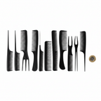 All 10 jet black professional hair combs laid out individually on white background with £1 coin for scale, contents flat lay