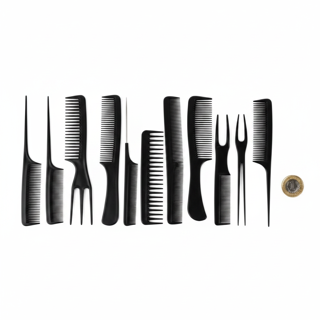 All 10 jet black professional hair combs laid out individually on white background with £1 coin for scale, contents flat lay
